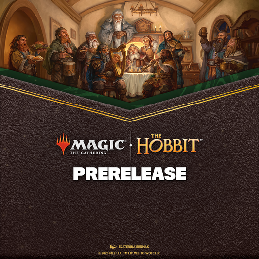 Promotional graphic for a Magic: The Gathering + The Hobbit prerelease, showing a large dark brown textured book cover with gold trim and the Magic logo, with a painted scene of hobbits and wizards above.